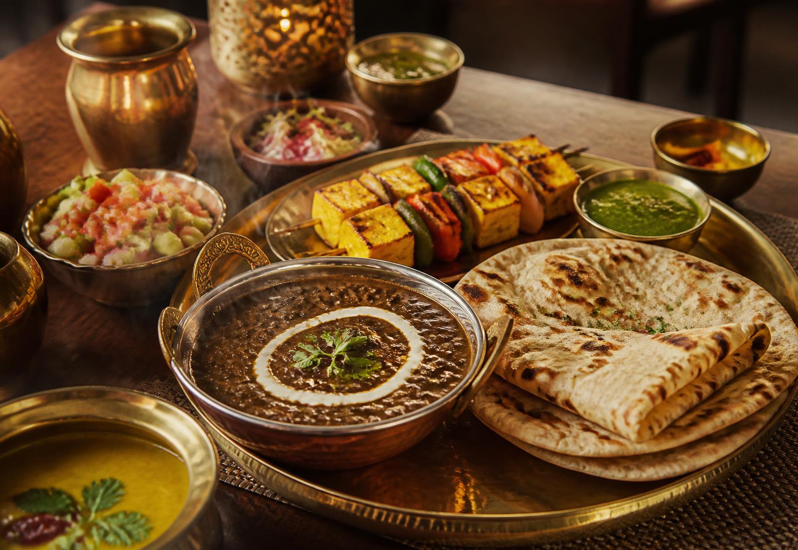 Royal Rajasthani thali with tandoori starters, curries and fresh breads